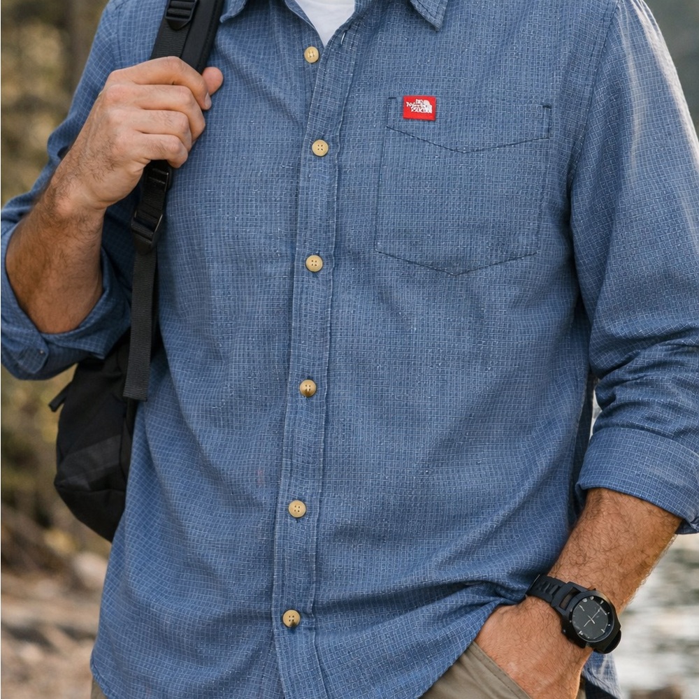 The North Face Button Up Shirt Mens XL Blue Micro Check Hiking Outdoor Camp